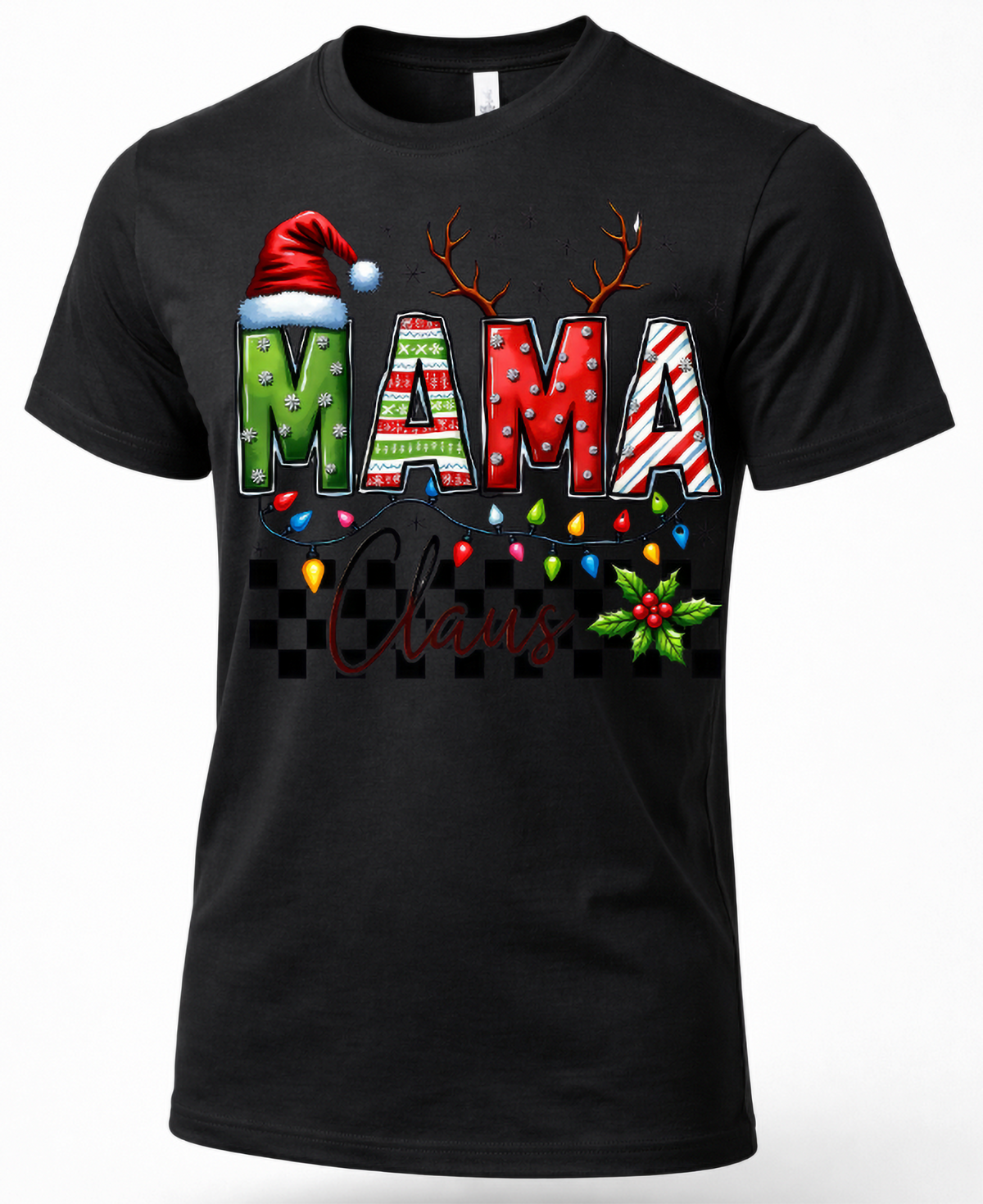 Black Mama Claus Christmas graphic tee featuring colorful festive mom holiday design.