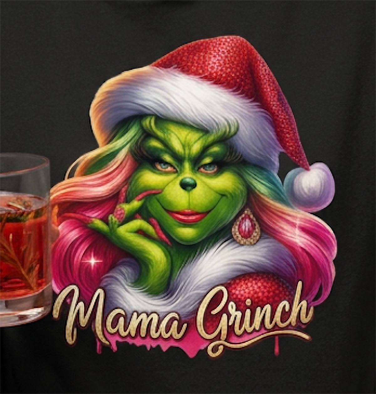 Close-up of Mama Grinch Christmas graphic on black hoodie