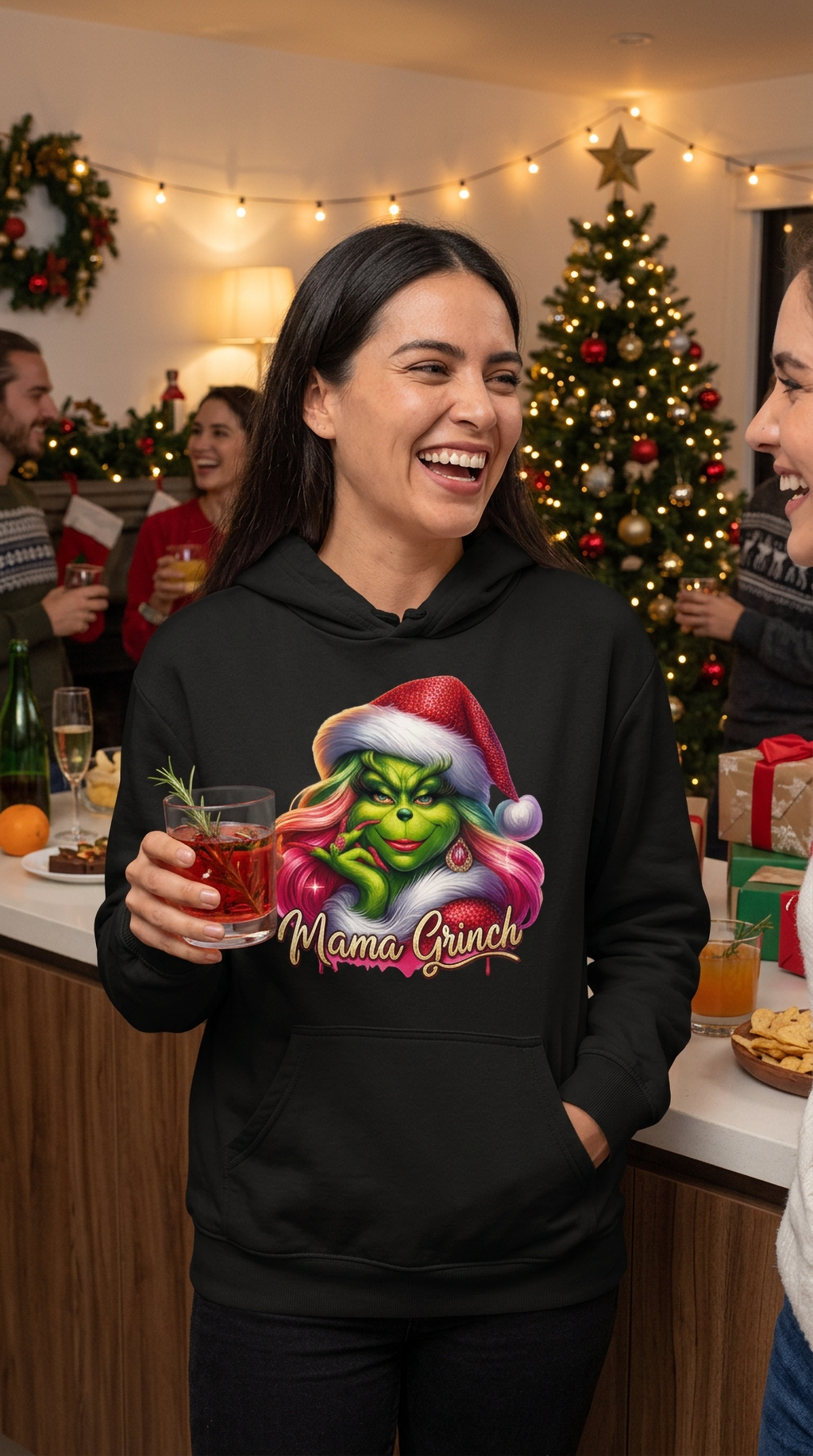Woman wearing black Mama Grinch hoodie for a festive Christmas outfit