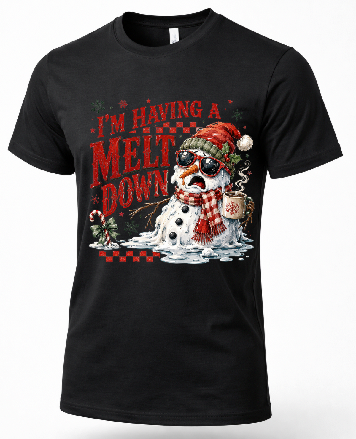 Black I’m Having a Meltdown Christmas graphic tee featuring funny melting snowman and distressed holiday lettering.