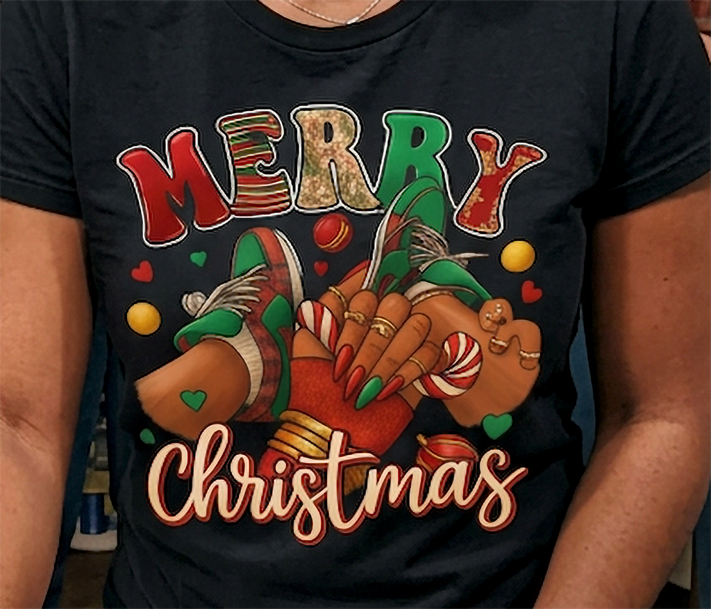 Black Close-Up: Detailed view of the Merry Christmas sneaker graphic printed on black fabric with colorful Christmas accessories and festive typography.