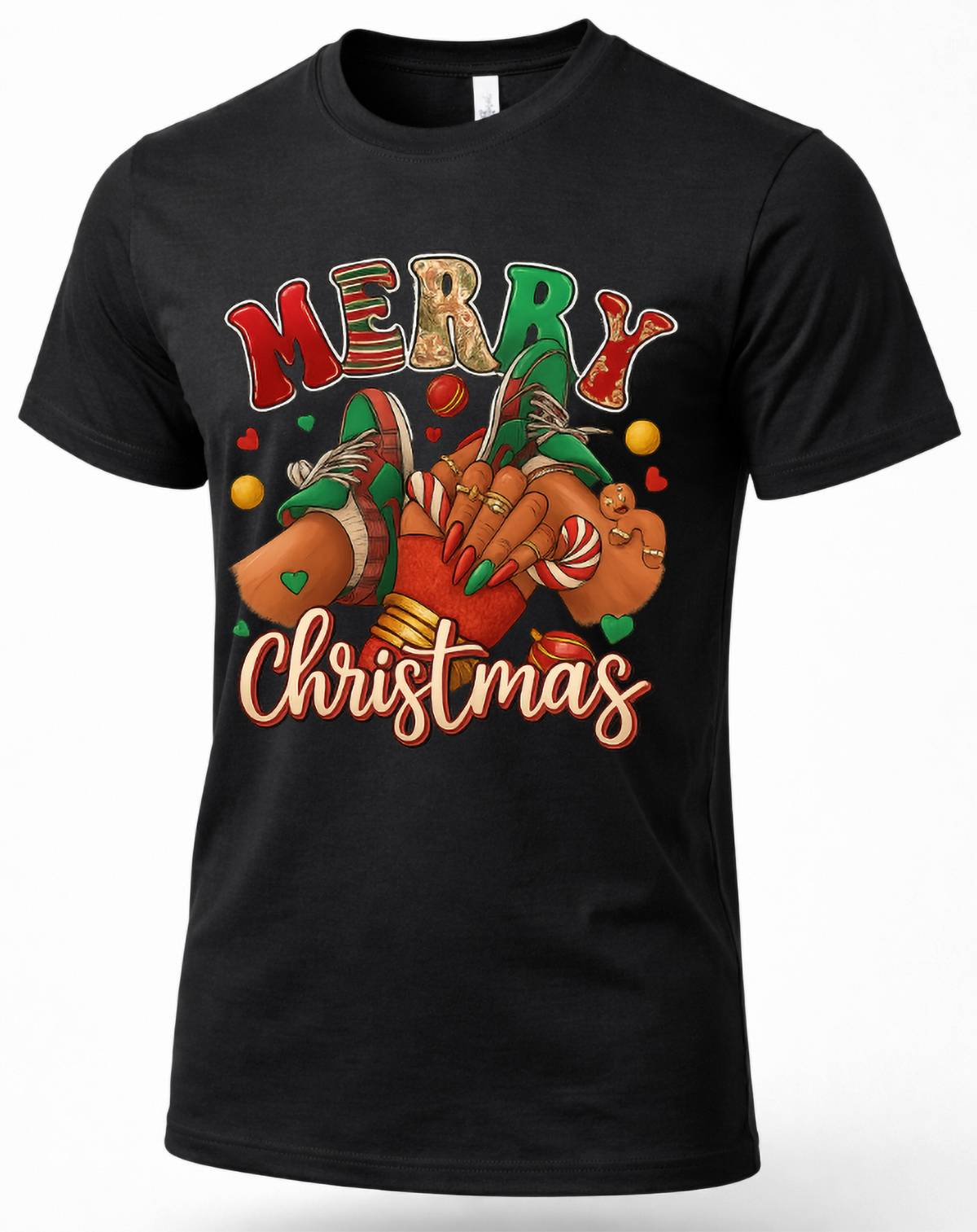 Black Mockup: Black unisex Christmas t-shirt featuring colorful Merry Christmas lettering, festive sneakers, and holiday-inspired artwork.