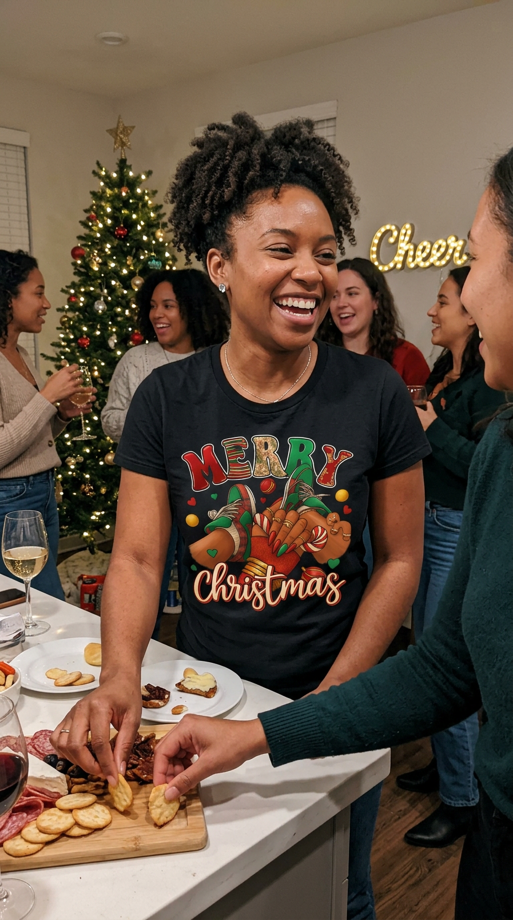 Lifestyle – Black: Woman wearing a black Merry Christmas sneaker graphic t-shirt during a casual indoor holiday gathering.