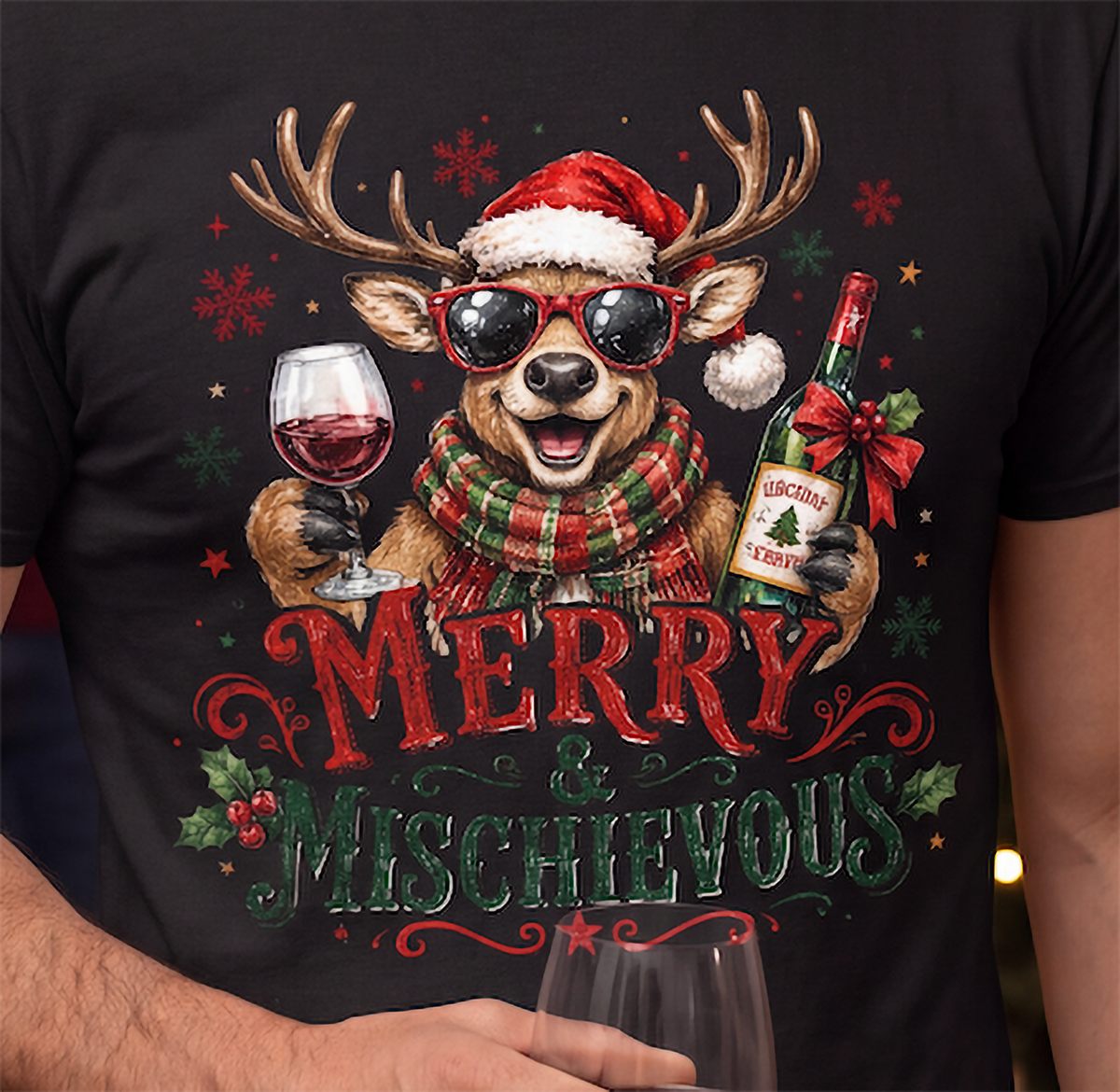 Close-up of black Merry & Mischievous Christmas shirt with reindeer, wine and holiday graphic.