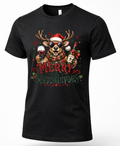 Black Merry & Mischievous Christmas shirt featuring a festive reindeer holding wine and wearing a Santa hat.