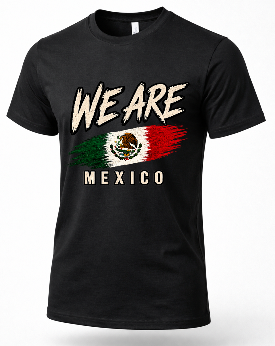 A black short-sleeve crewneck t-shirt featuring a distressed graphic print of the Mexican flag with the text 'WE ARE' above and 'MEXICO' below, displayed on a clean white background.