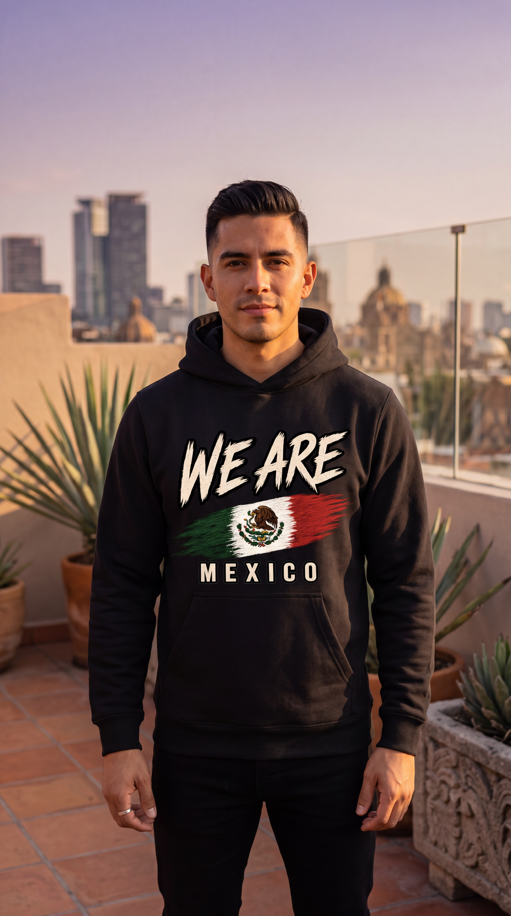 A man wearing a black hoodie with a 'WE ARE MEXICO' graphic featuring the Mexican flag stands on a rooftop terrace with a city skyline in the background.