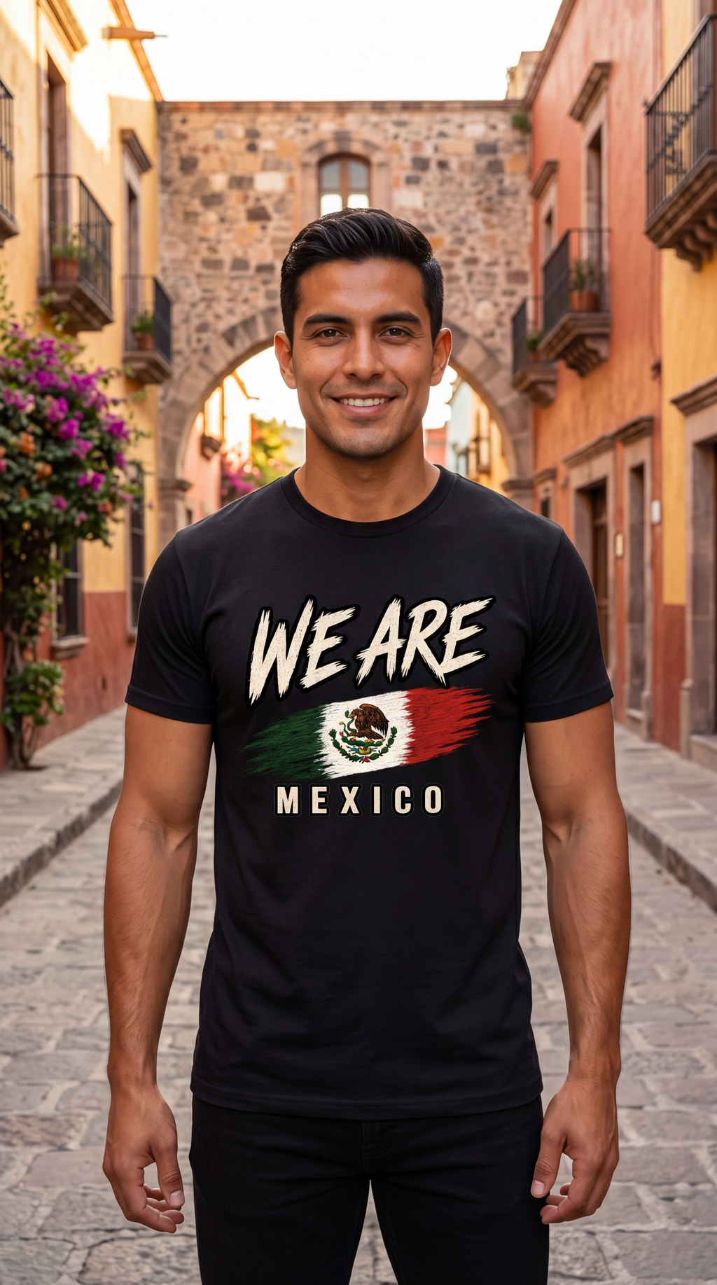 A smiling man stands in a cobblestone street wearing a black graphic T-shirt with the words 'WE ARE MEXICO' and a stylized Mexican flag design. The background shows historic buildings and an archway.