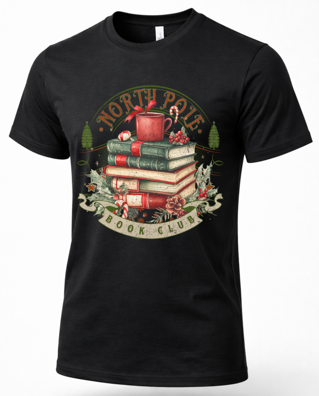 Black Christmas graphic T-shirt featuring vintage North Pole Book Club design with stacked books and festive holiday details.