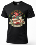 Black Christmas graphic T-shirt featuring vintage North Pole Book Club design with stacked books and festive holiday details.