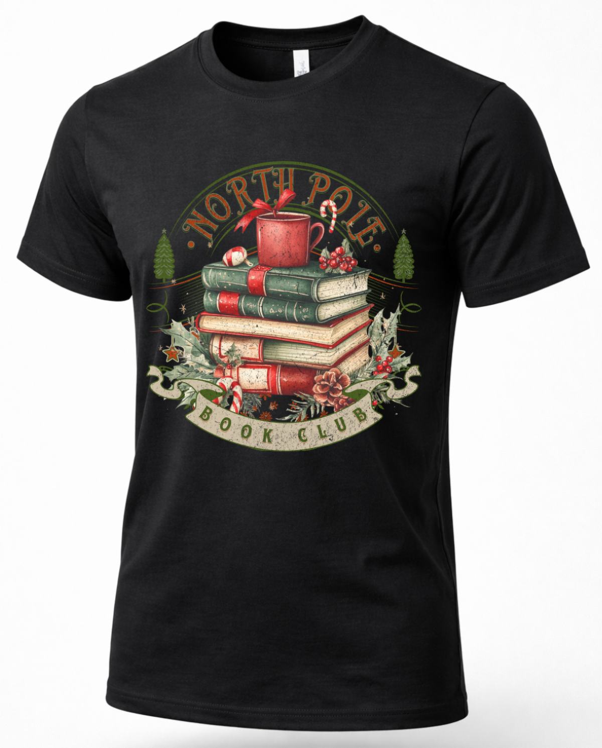 Black Christmas graphic T-shirt featuring vintage North Pole Book Club design with stacked books and festive holiday details.
