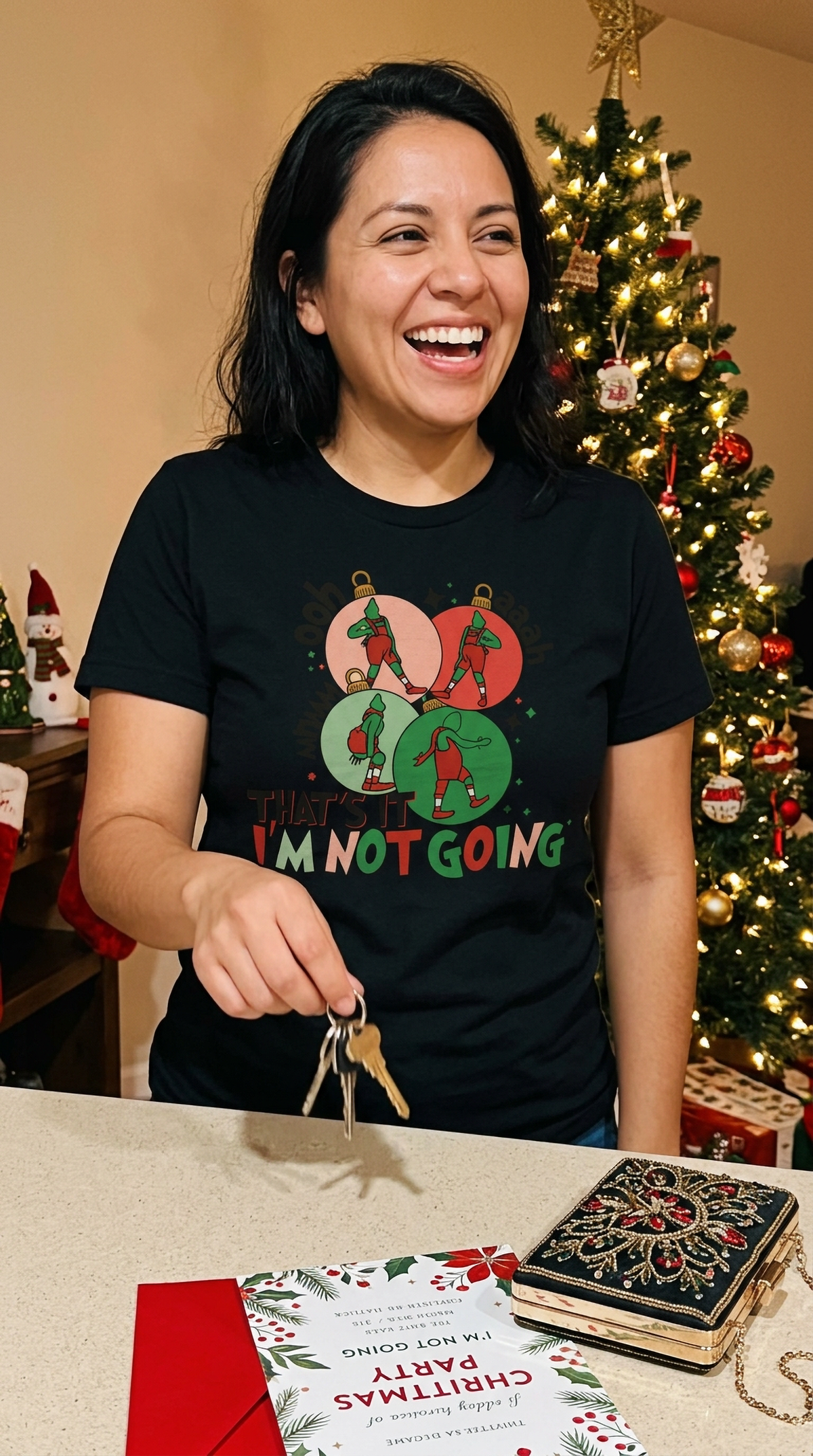 Black Lifestyle: Woman wearing a black funny Grinch Christmas t-shirt while standing near a decorated Christmas tree at a holiday gathering.