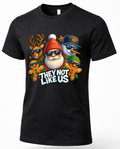 Black Mockup: Black unisex Christmas t-shirt featuring Santa Claus, a reindeer, snowman, and gingerbread cookies wearing sunglasses with They Not Like Us lettering.