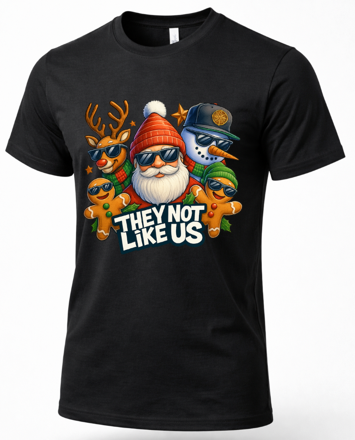 Black Mockup: Black unisex Christmas t-shirt featuring Santa Claus, a reindeer, snowman, and gingerbread cookies wearing sunglasses with They Not Like Us lettering.