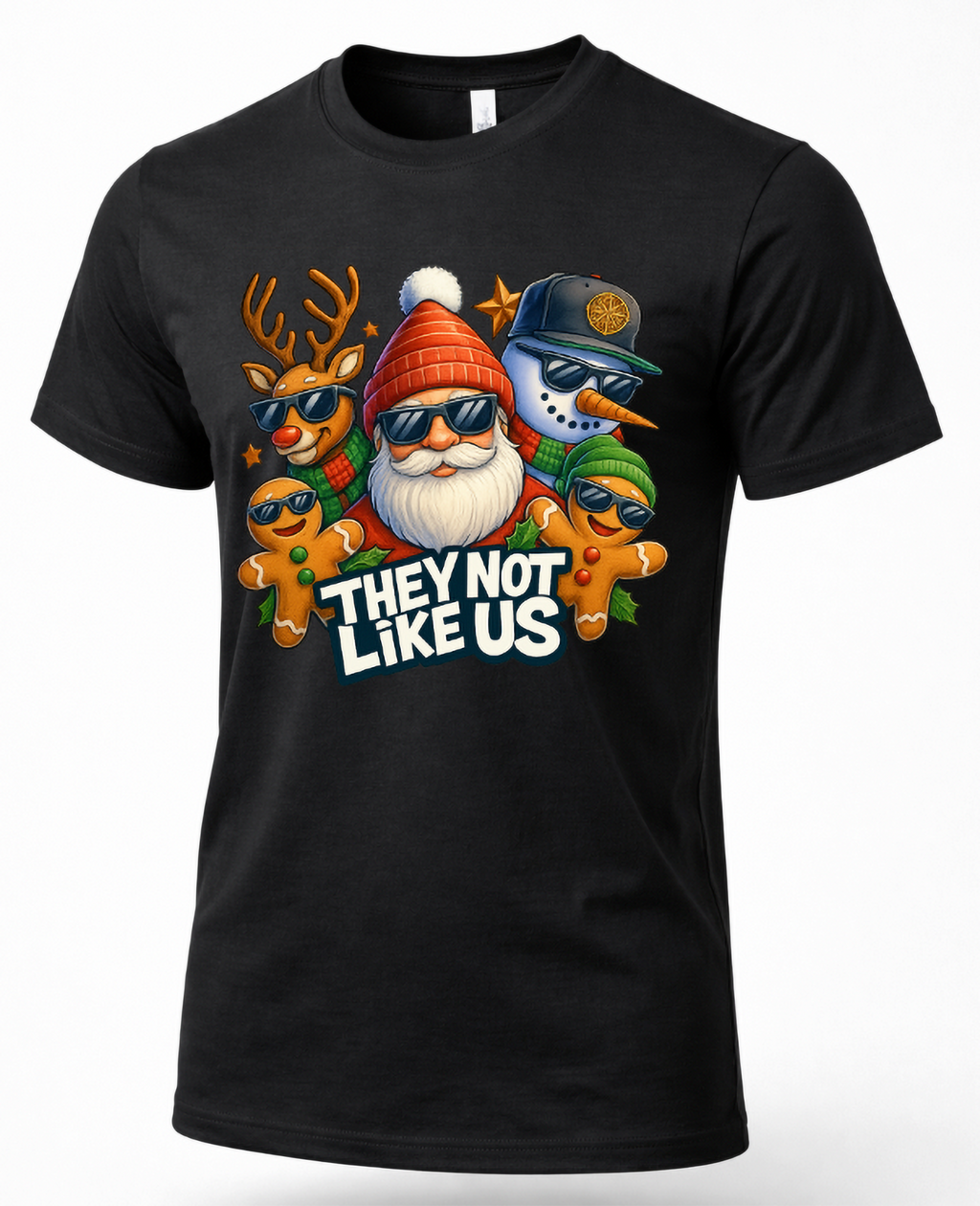 Black unisex Christmas t-shirt featuring They Not Like Us graphic with Santa, reindeer, snowman, and gingerbread characters wearing sunglasses.