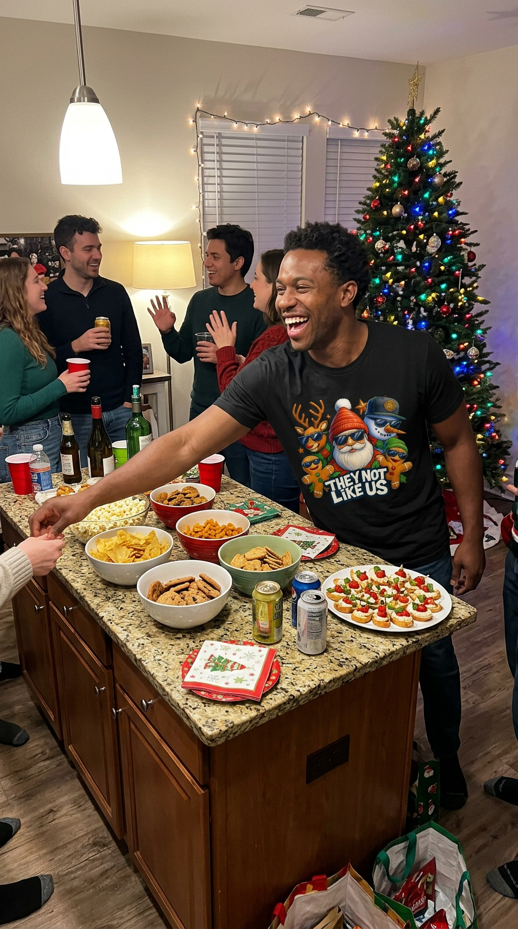 Black Lifestyle: Man wearing a black They Not Like Us Christmas graphic t-shirt at a holiday dinner gathering with a decorated Christmas tree in the background.