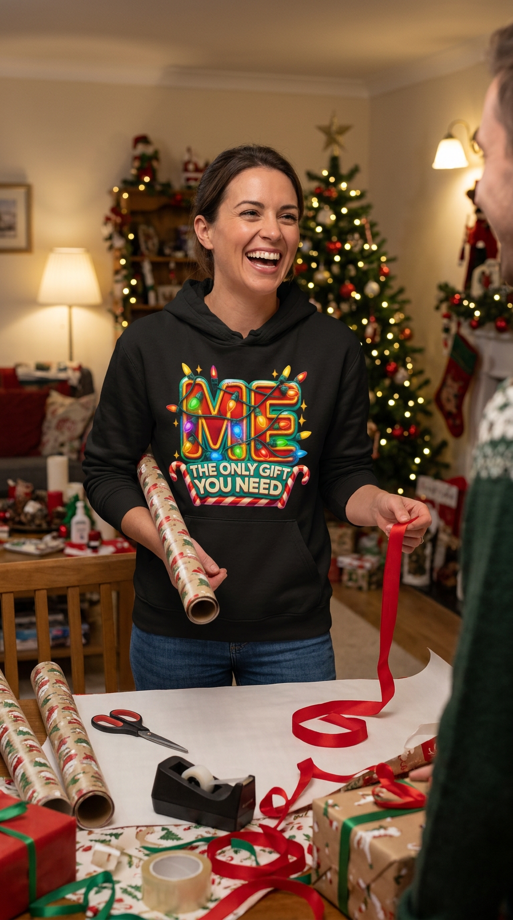 Woman wearing black Me The Only Gift You Need funny Christmas hoodie at a holiday gathering