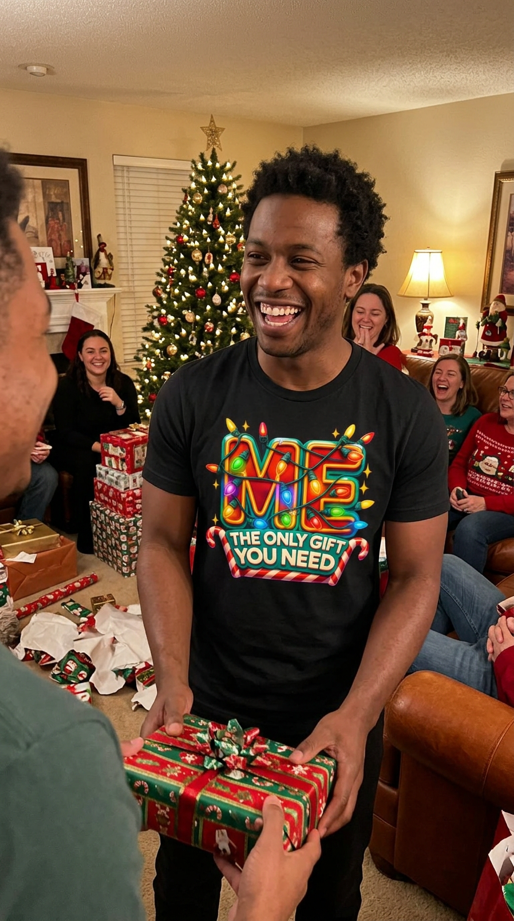 Lifestyle – Black: Man wearing a black Me The Only Gift You Need Christmas t-shirt while opening presents at a festive holiday gathering.