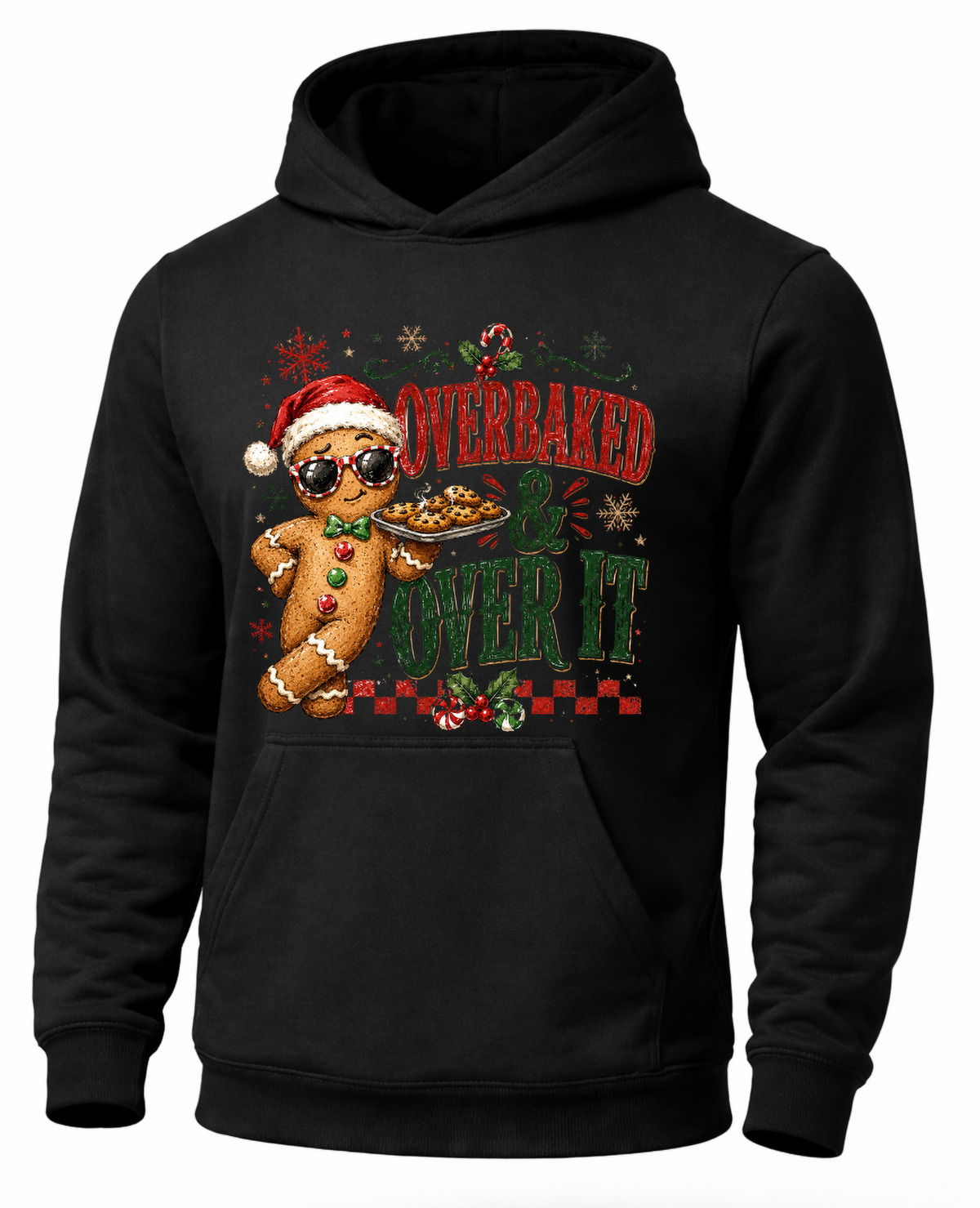 Black gingerbread Christmas hoodie with Santa hat gingerbread man and cookie graphic
