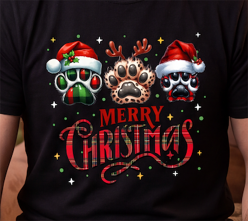 Close-up of black Merry Christmas dog paw shirt with festive plaid paw prints and holiday lettering.