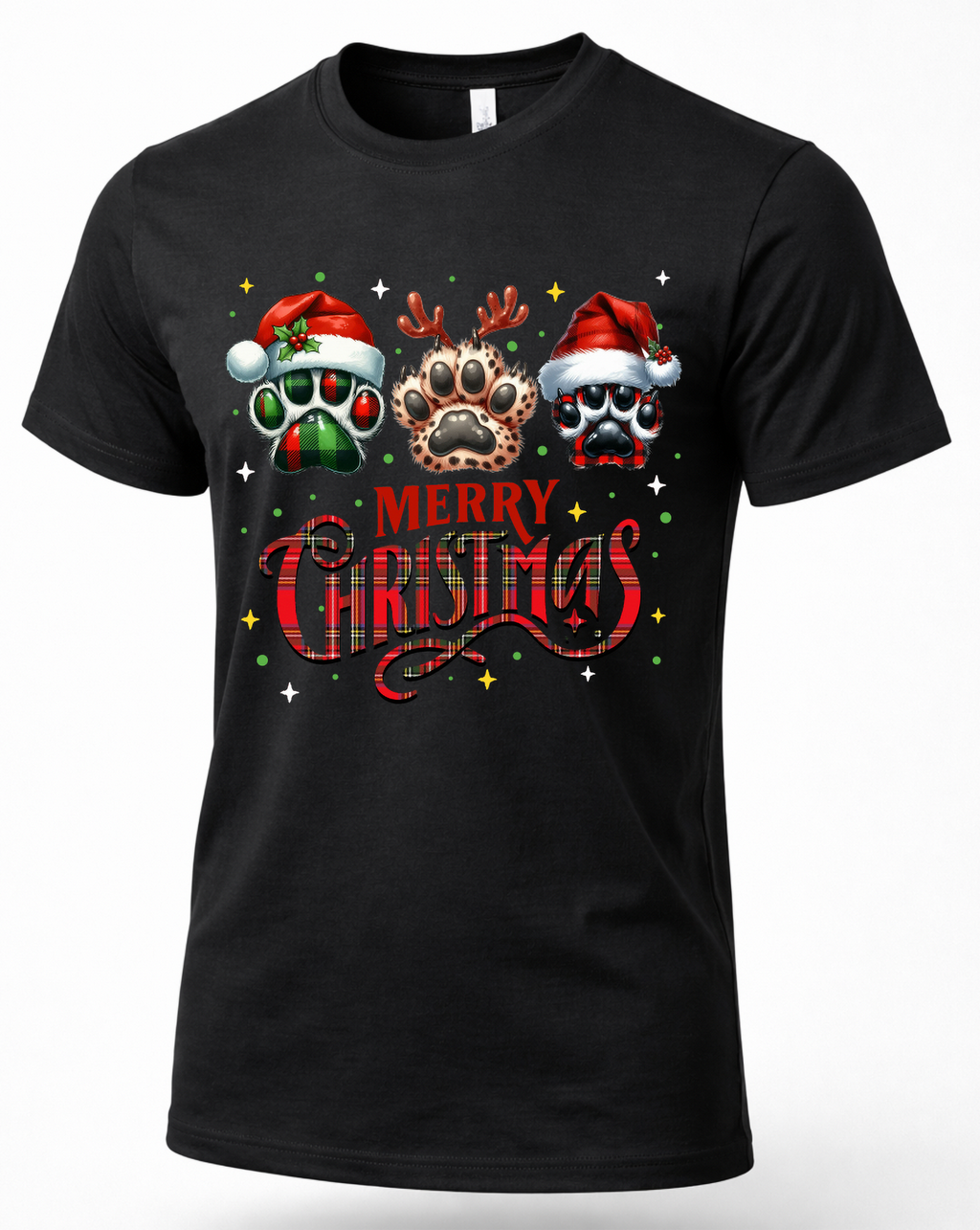 Black Merry Christmas dog lover graphic T-shirt featuring three festive paw prints with Santa hats and reindeer antlers.