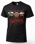 Black Merry Christmas dog lover graphic T-shirt featuring three festive paw prints with Santa hats and reindeer antlers.