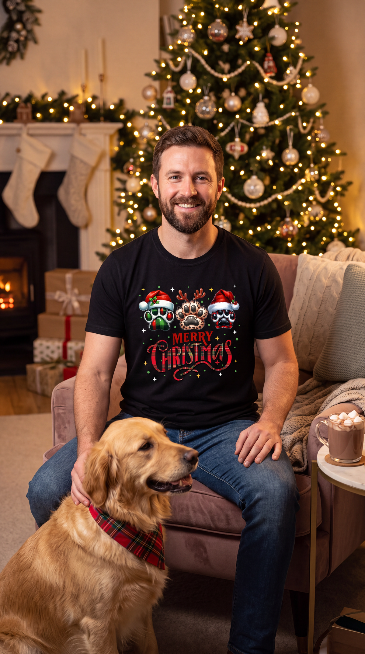 Man wearing black Merry Christmas dog paw print graphic T-shirt while sitting beside a golden retriever near a Christmas tree.