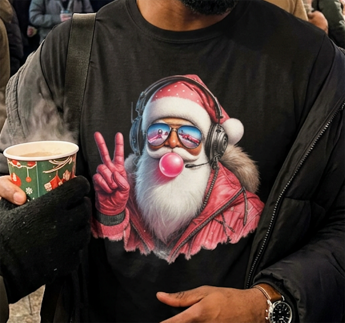 Black Design Close-Up: Close-up of black Christmas graphic shirt featuring Santa Claus in a red jacket and Santa hat with reflective sunglasses, pink bubblegum, and headphones.