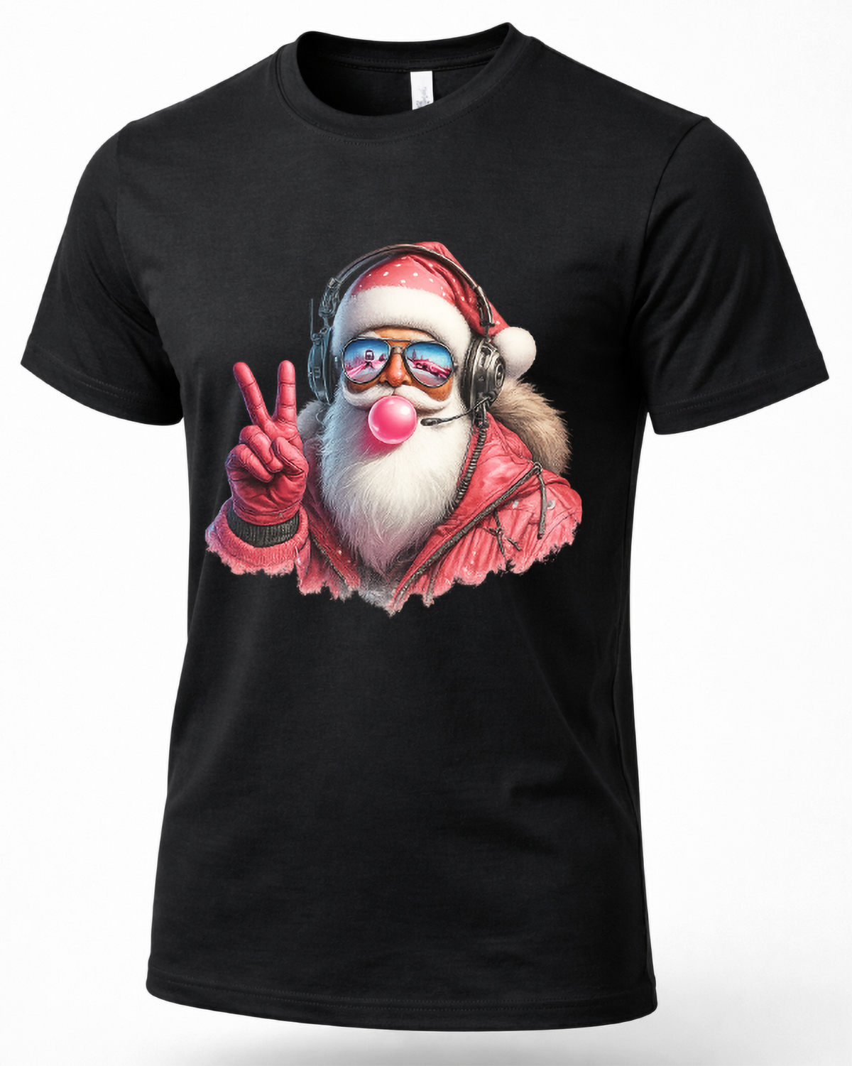 Black Shirt Mockup: Black unisex funny Santa Christmas t-shirt featuring a stylish Santa Claus wearing headphones and sunglasses while blowing bubblegum and making a peace sign.