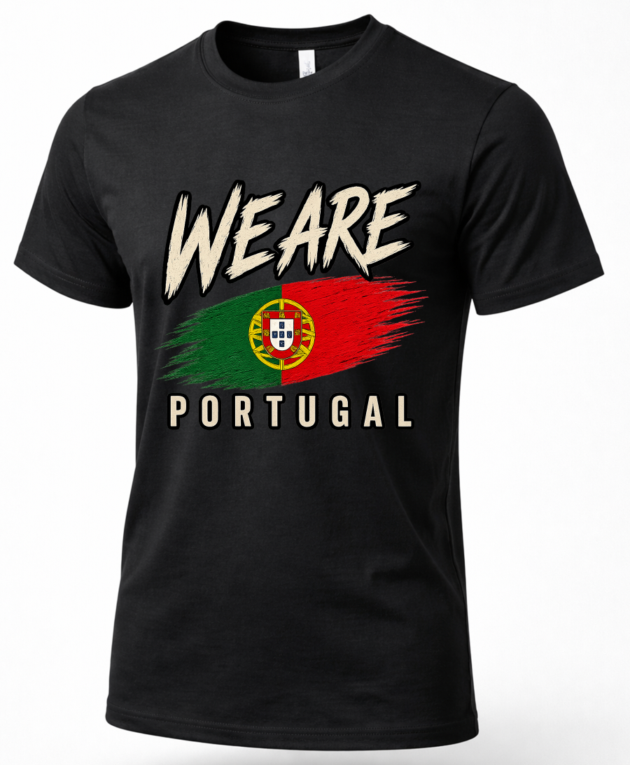 A black short-sleeve crewneck t-shirt featuring a distressed graphic print of the Portuguese flag with the text 'WE ARE' above and 'PORTUGAL' below, displayed on a clean white background.
