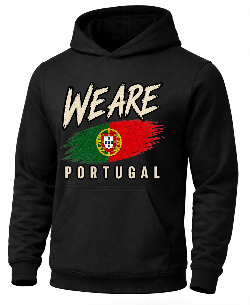 A black pullover hoodie with a distressed graphic on the front that reads 'WEARE PORTUGAL' above and below a stylized Portuguese flag design, shown on a plain white background.