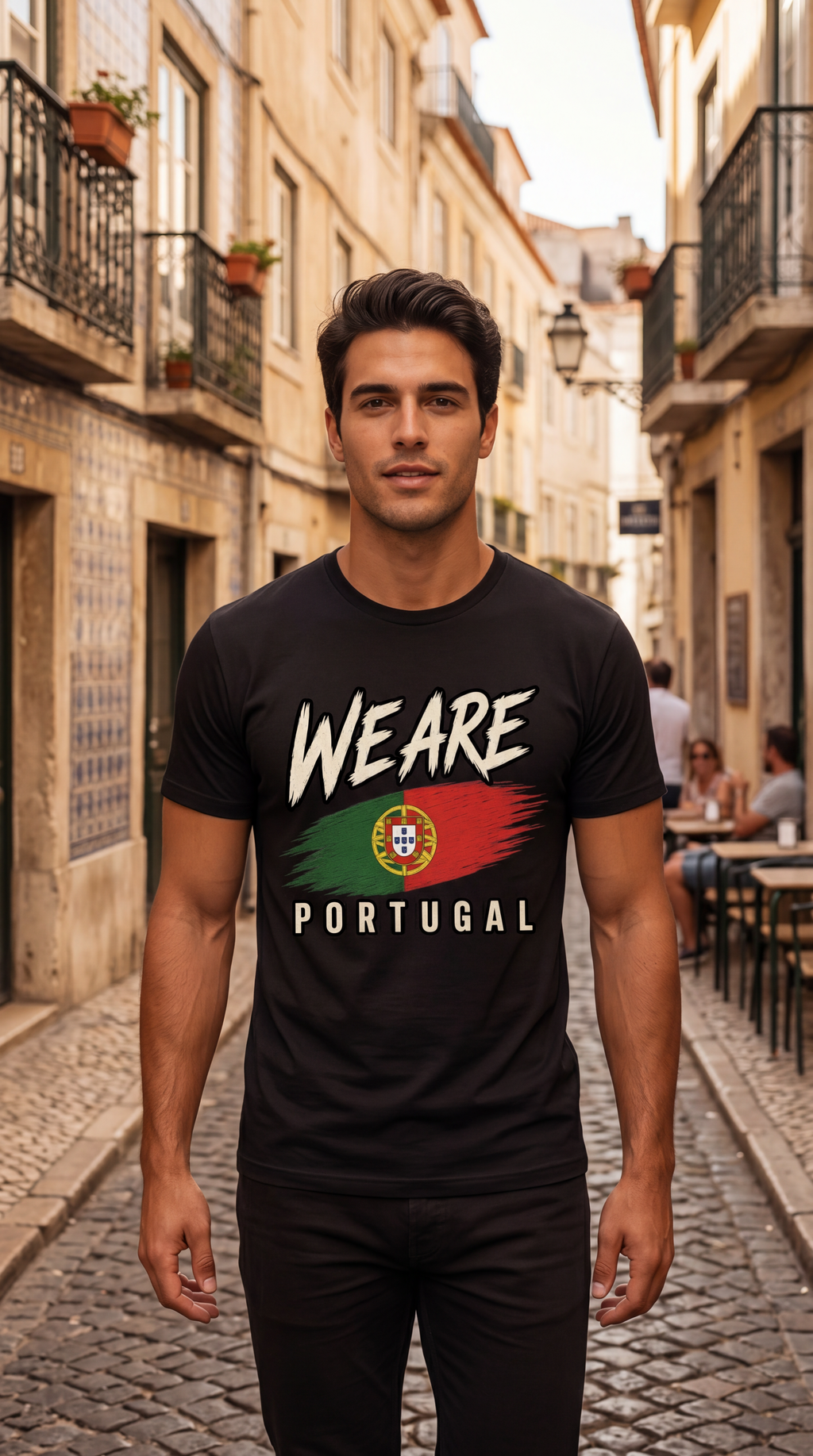 A man standing on a cobblestone street wearing a black t-shirt with a graphic that reads 'WE ARE PORTUGAL' and features the Portuguese flag. The background shows a blurred European street scene.