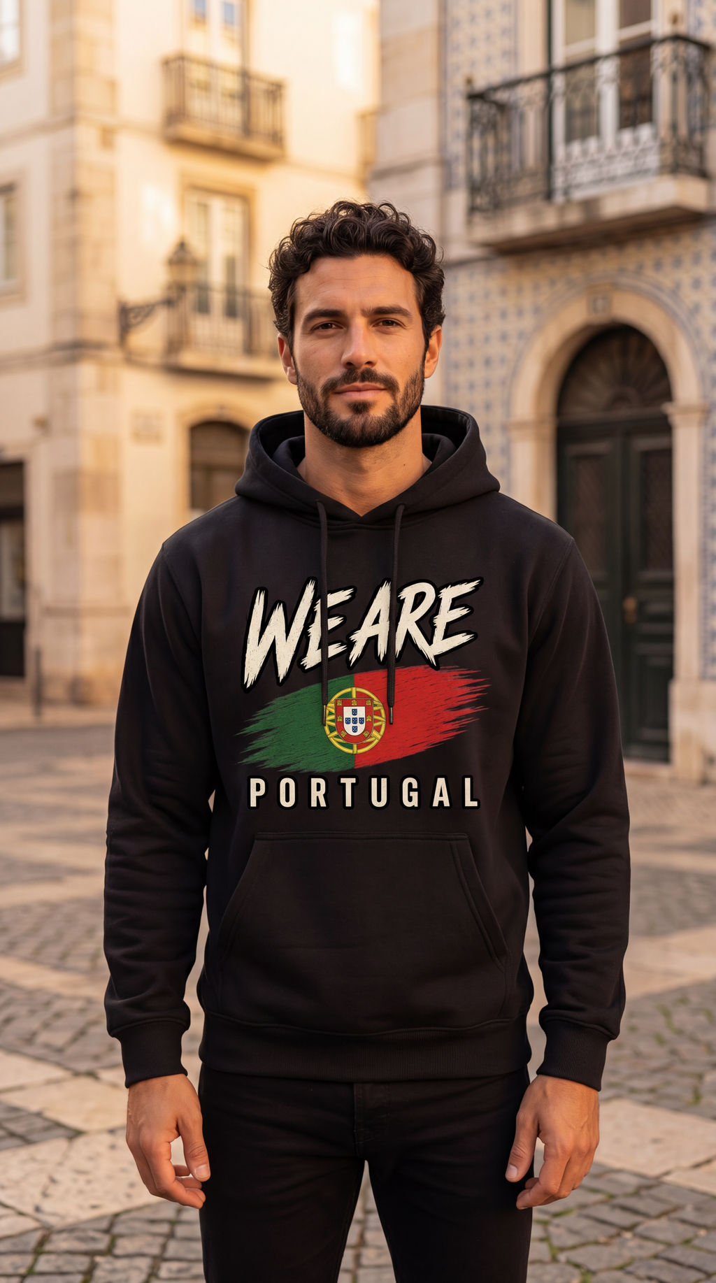 A man wearing a black hoodie with a 'WE ARE PORTUGAL' graphic featuring the Portuguese flag, standing in an outdoor street setting with historic buildings in the background.