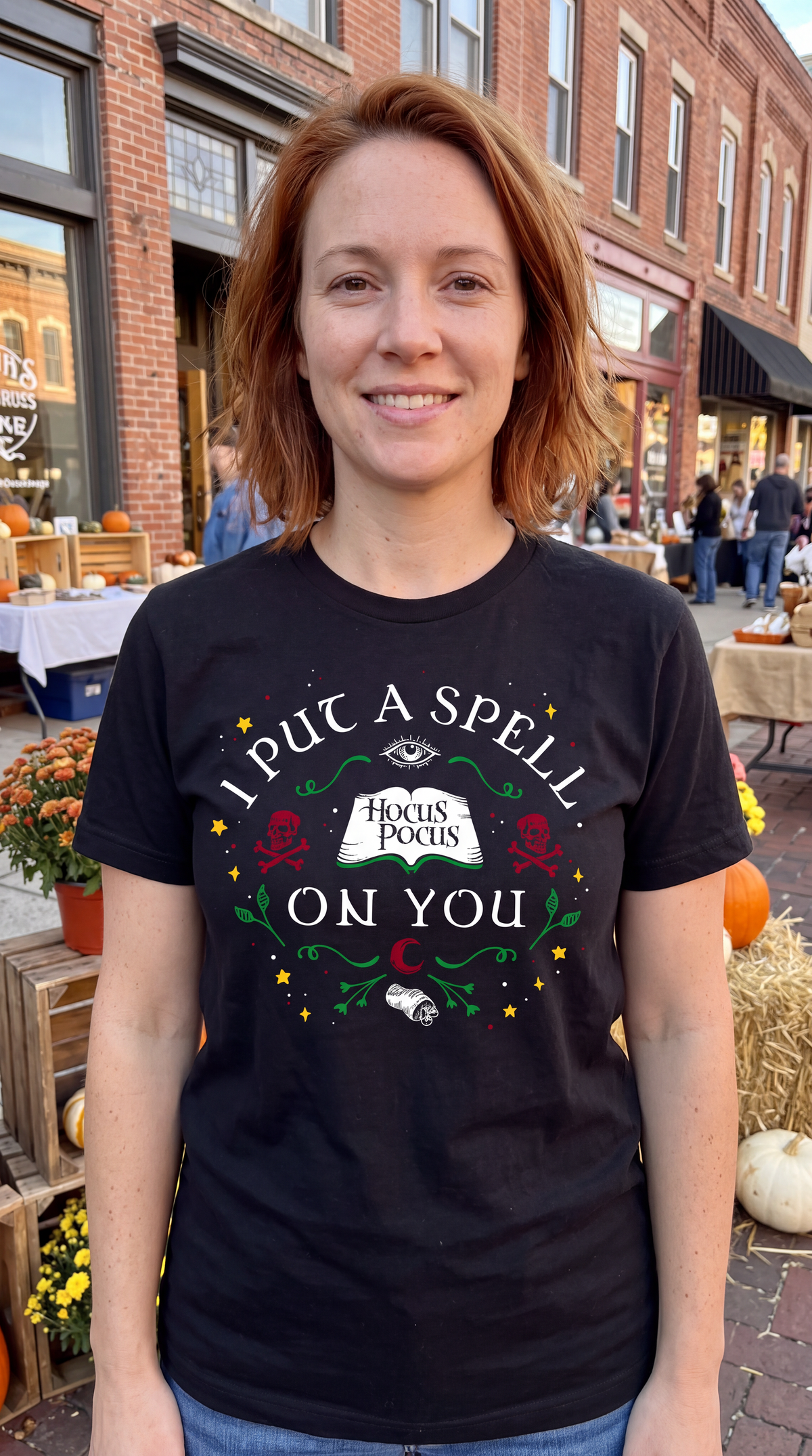 Woman wearing black Hocus Pocus I Put a Spell on You Halloween graphic tee