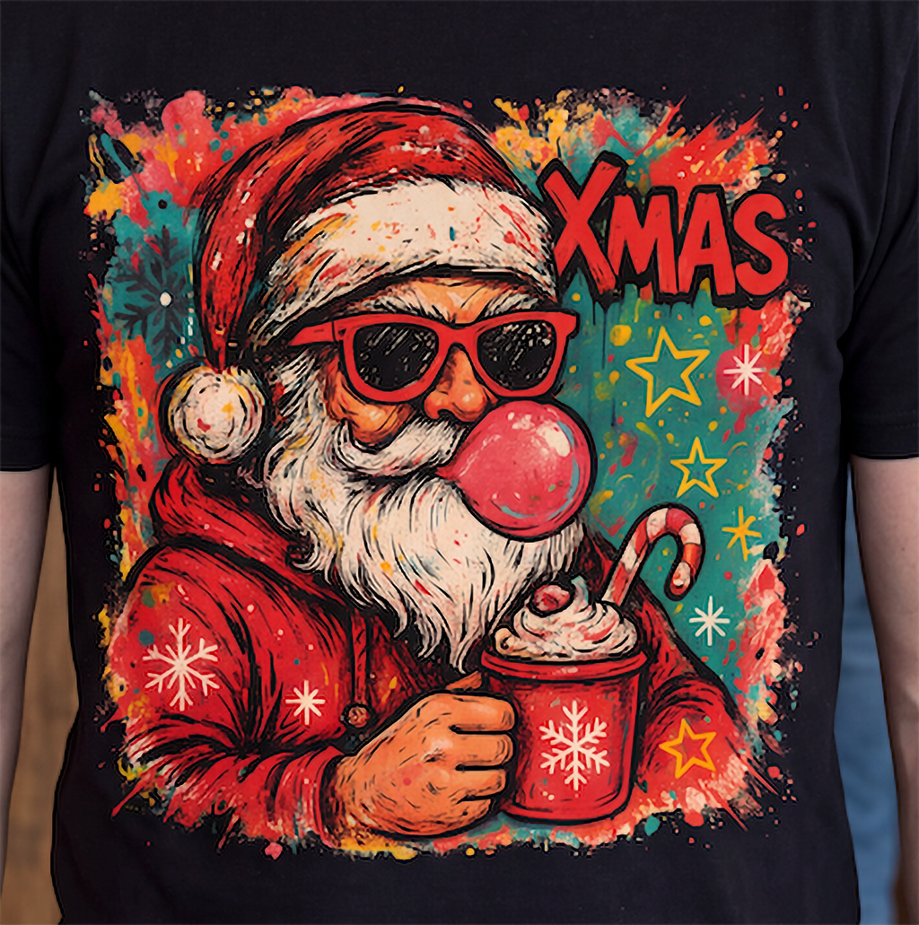 Close-up of retro Santa blowing bubblegum in sunglasses with colorful Christmas design on black shirt.
