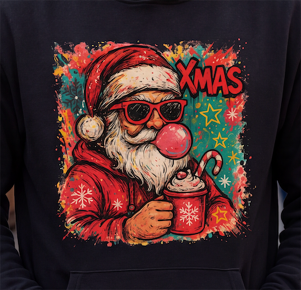 Close-up of black Bubblegum Santa Christmas hoodie with colorful vintage-style graphic