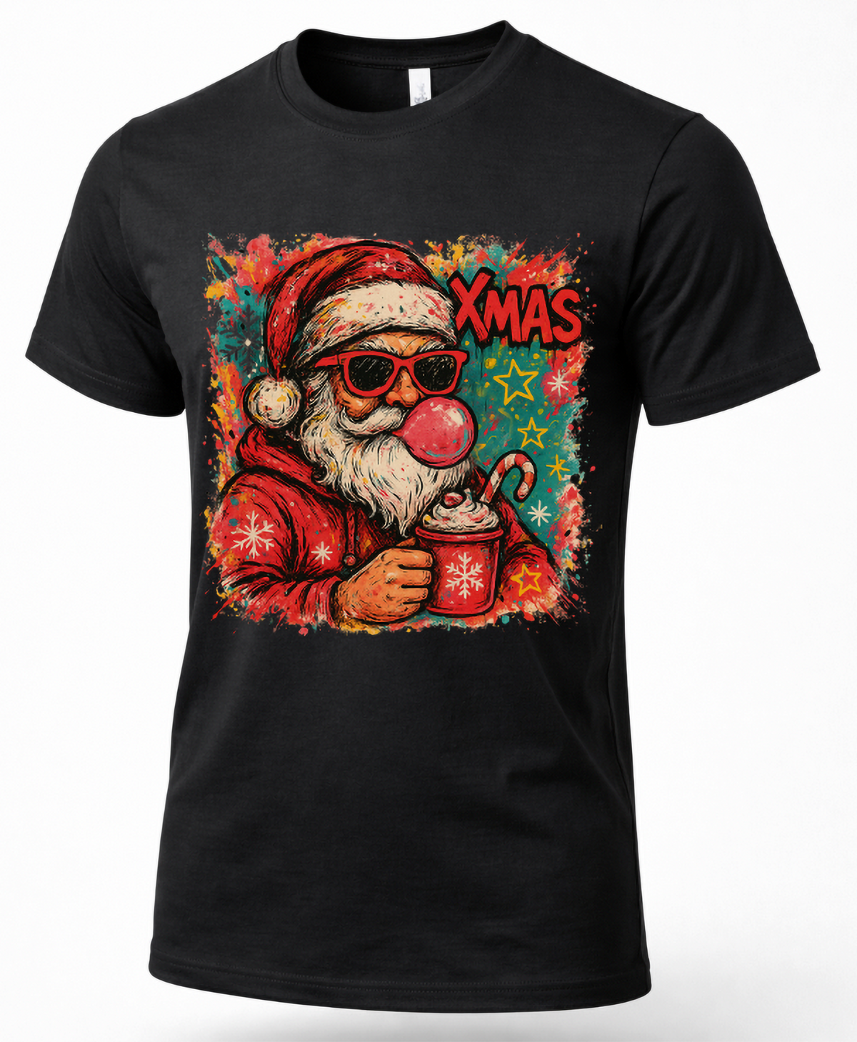 Black Retro Bubblegum Santa Christmas graphic T-shirt product mockup.