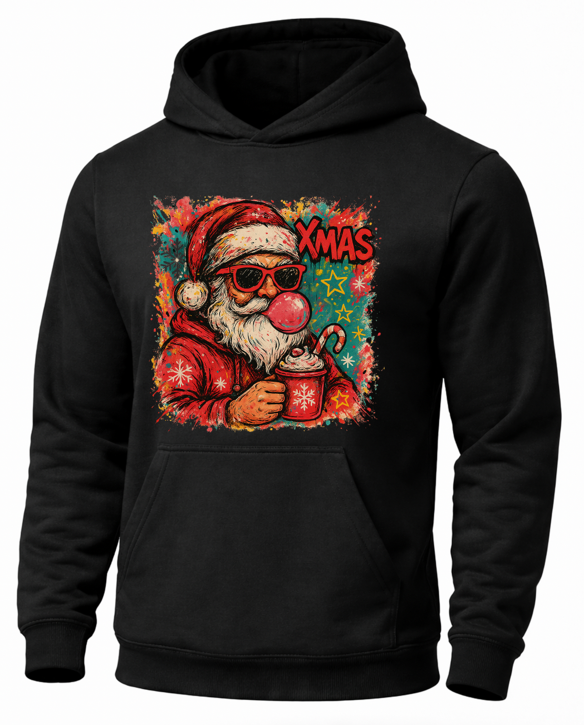 Black retro Santa Christmas hoodie with sunglasses and bubblegum Santa design