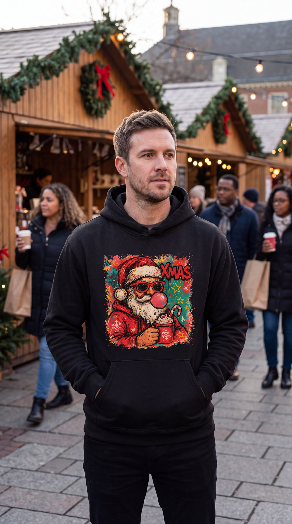 Man wearing black retro Santa Christmas hoodie with colorful bubblegum Santa graphic