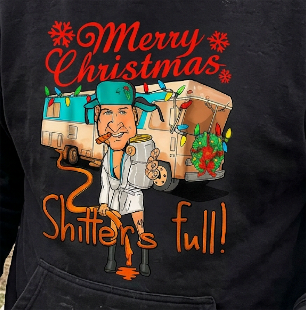 Close-up of Shitter’s Full Cousin Eddie Christmas Vacation graphic on black hoodie