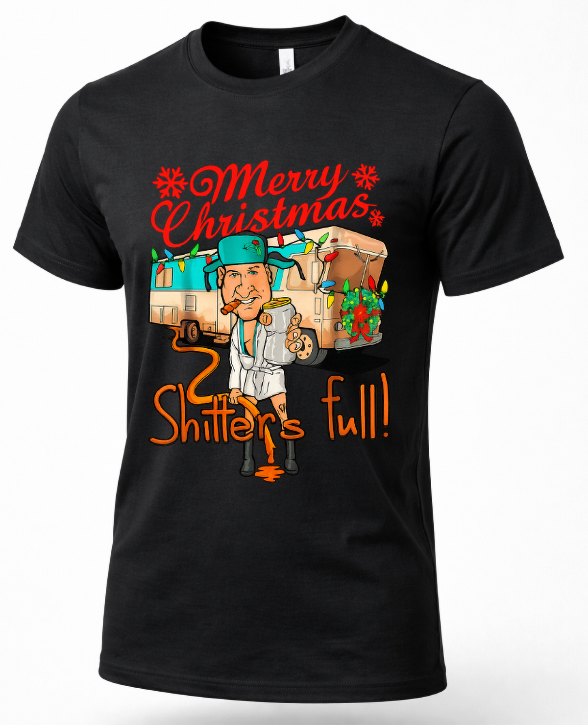 Black Shirt Mockup: Black unisex Christmas graphic t-shirt featuring a funny Shitter's Full camper design, red Merry Christmas lettering, and festive holiday decorations.
