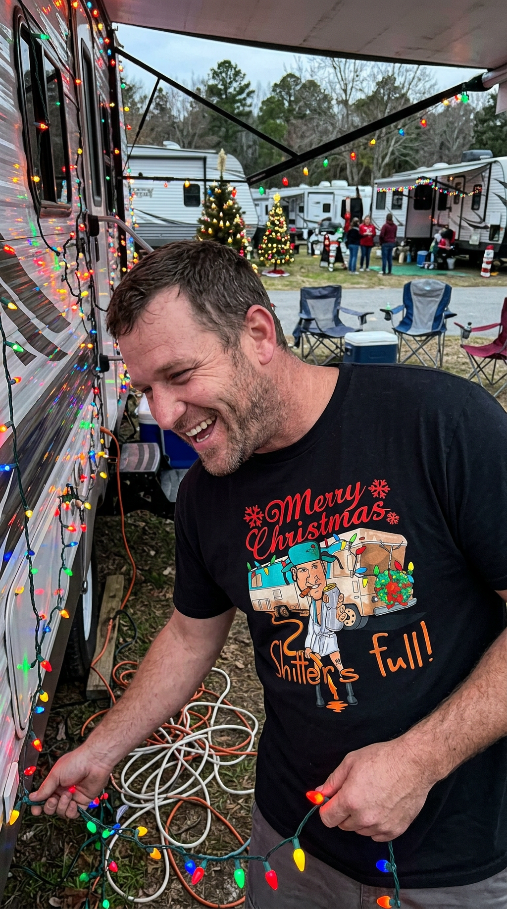 Lifestyle – Black: Man wearing a black Merry Christmas Shitter's Full graphic t-shirt while decorating an outdoor Christmas display with colorful holiday lights.