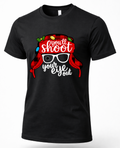 Black funny Christmas graphic t-shirt featuring You'll Shoot Your Eye Out quote, red buffalo plaid hat and white sunglasses