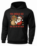 Black funny Santa Christmas hoodie with Santa and oversized sack of presents graphic