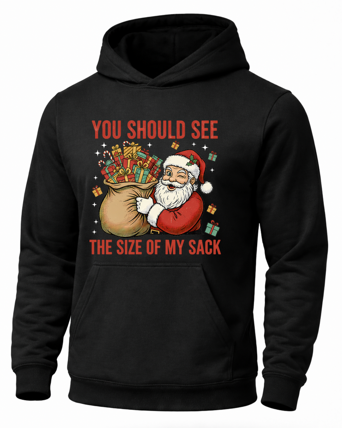 Black funny Santa Christmas hoodie with Santa and oversized sack of presents graphic
