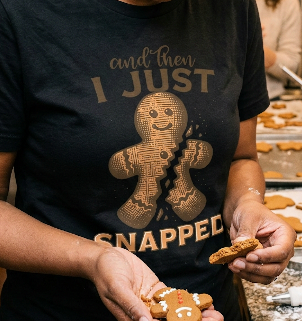 Black Close-Up: Detailed close-up of the And Then I Just Snapped gingerbread Christmas graphic on a black t-shirt.