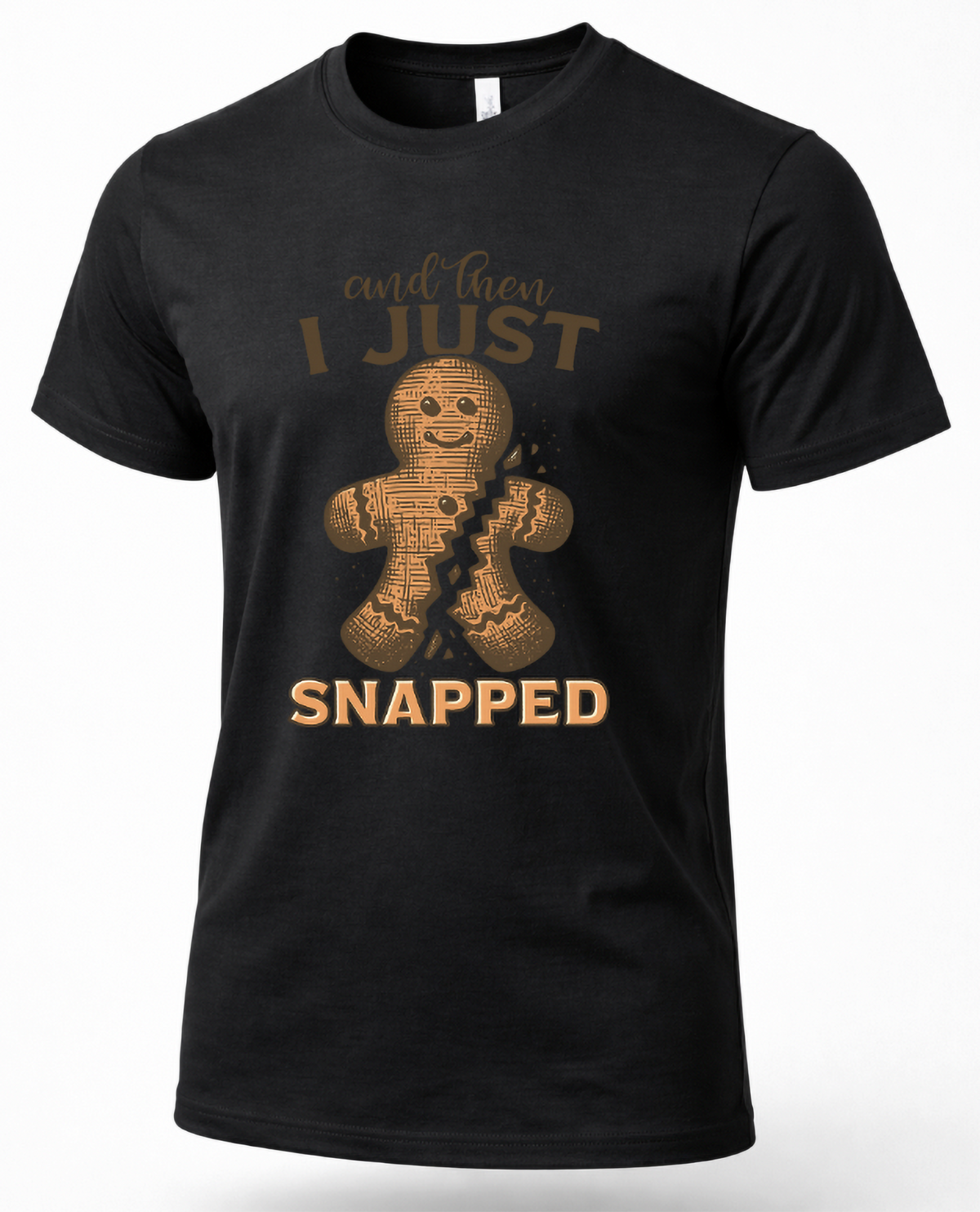 Black Mockup: Black unisex Christmas t-shirt featuring a gingerbread cookie snapped in half with sarcastic holiday lettering.