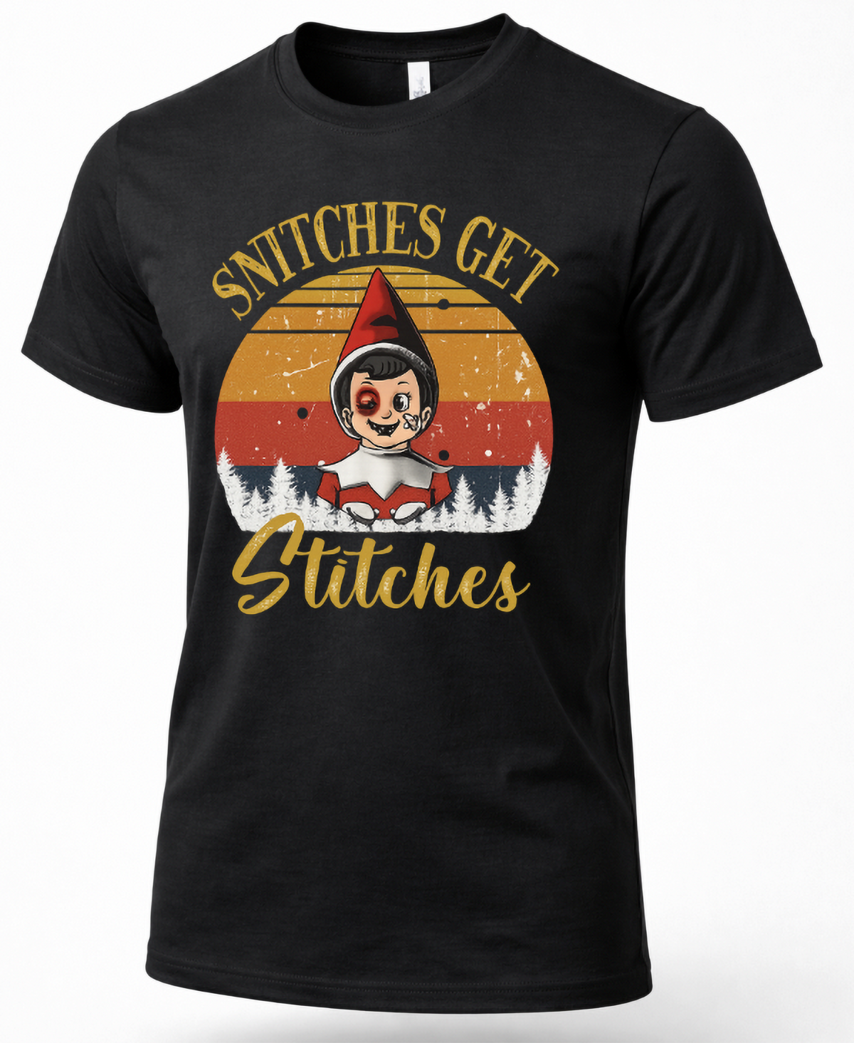 Black Snitches Get Stitches Christmas t-shirt featuring a mischievous elf with a black eye and retro sunset artwork.