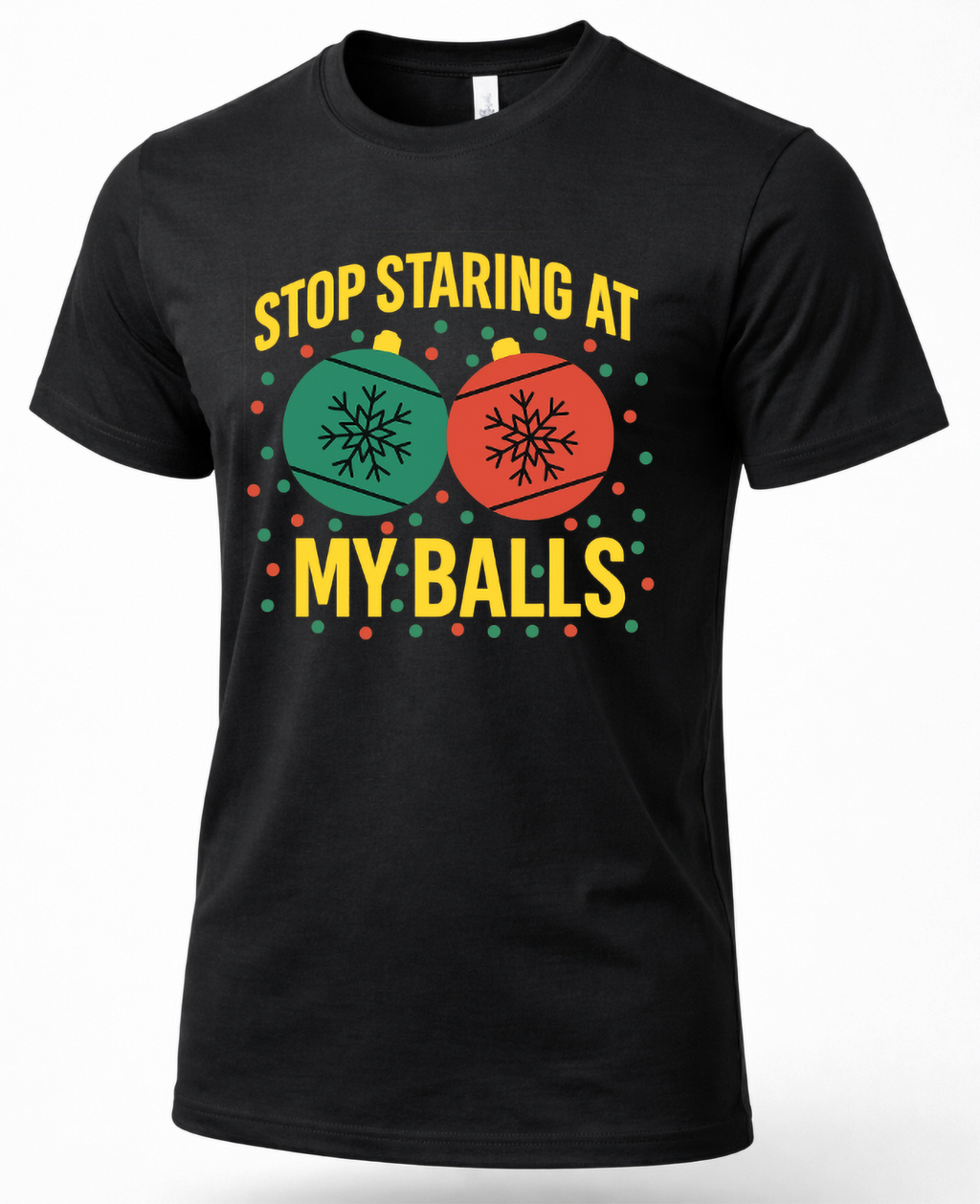 Black unisex Christmas graphic t-shirt featuring colorful ornaments and Stop Staring at My Balls holiday saying.