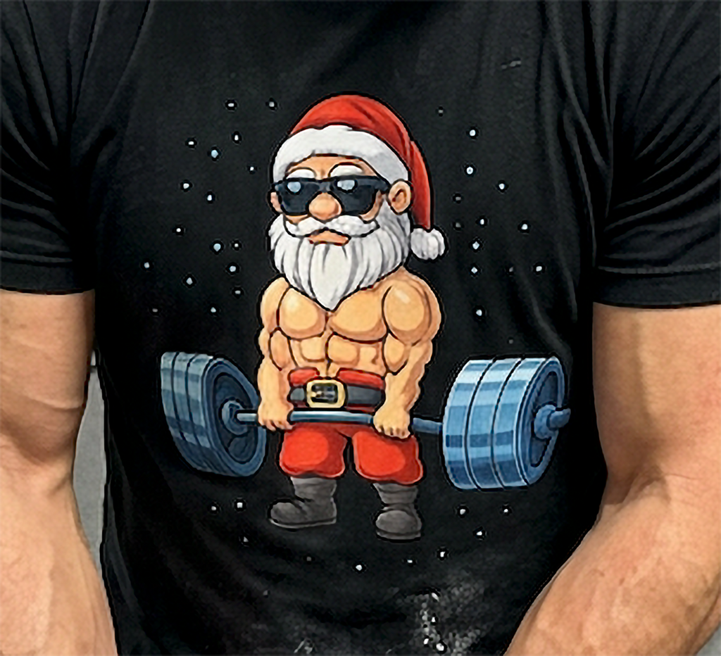 Close-up of a black Swole Santa Christmas gym shirt featuring a muscular Santa Claus holding a blue barbell.